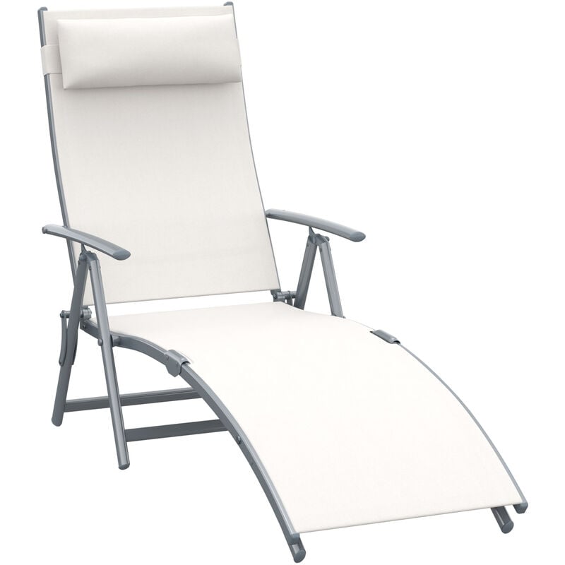 Outsunny - Sun Lounger Recliner w/ Pillow Foldable 7 Levels Textilene Cream white