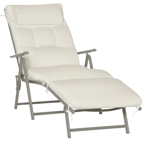Outsunny Sun Lounger Steel Frame Outdoor Folding Chaise Texteline Lounge Chair Recliner with Headrest & 7 Levels Adjustable Backrest White