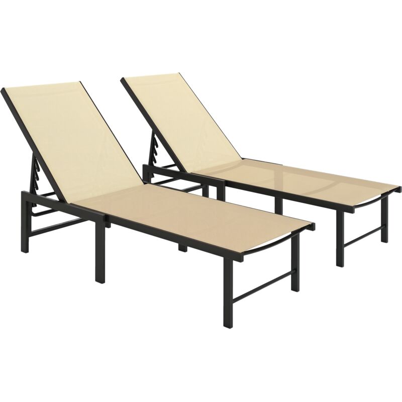 Outsunny Sun Loungers Set of 2, 5-Level Reclining Sunbeds, Khaki