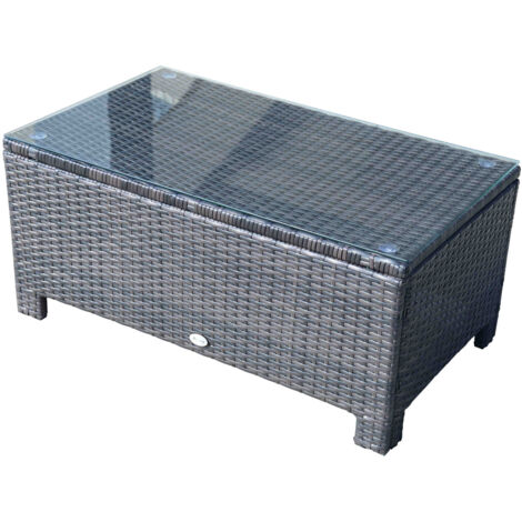 Outsunny – Table basse de jardin en résine tressée – Plateau en verre trempé 5 mm – Dimensions 85x50x39 cm – Couleur marron – Charge max 50 kg