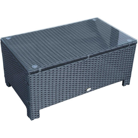 Outsunny Table Basse Jardin Verre Trempé 5mm Rotin Tressé 85x50x39cm Noir 50kg
