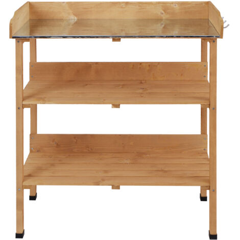 Outsunny Table de rempotage avec 2 étagères 3 crochets outils table de jardinage plateau tôle acier galvanisé avec rebord - table de plantation  sapin pré-huilé