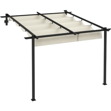 Outsunny Terrassendach Pergola ca. 3x3m Gartenpavillon aus Aluminium, Wandmontage Garten Pavillon mit Verstellbares Dach, Sonnenschutz Terrassendachung für Garten Terrasse, Cremeweiß