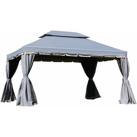 Outsunny – Tonnelle pavillon de jardin double toit 3,9L x 2,9l x 2,8H m – Toile polyester 180 g/m² – Moustiquaires et rideaux inclus – Structure aluminium robuste
