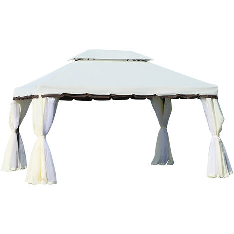 Outsunny – Tonnelle pavillon de jardin colonial double toit 3,9m x 2,9m x 2,8m – Toile polyester 180g/m² – 4 moustiquaires incluses – Structure aluminium