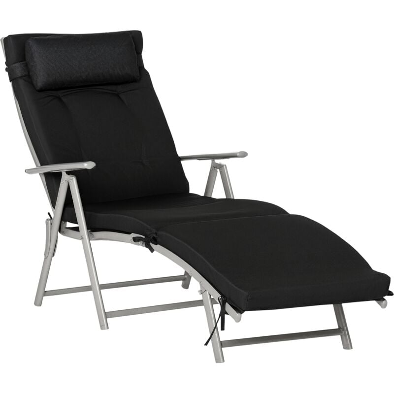 Bain de soleil pliable transat inclinable 7 positions chaise longue grand confort avec matelas + accoudoirs métal époxy textilène polyester noir