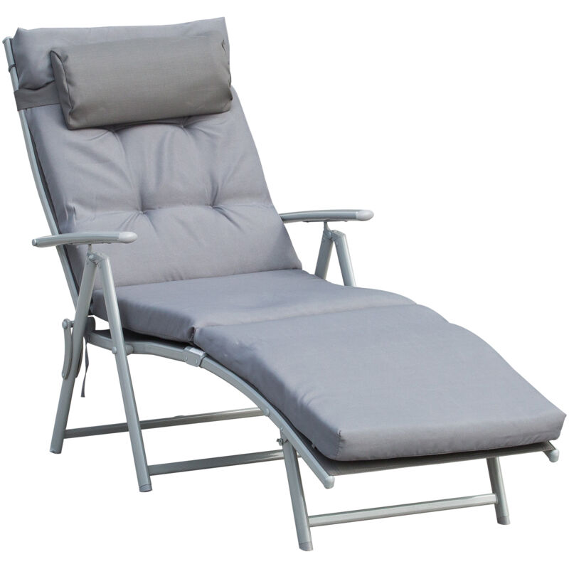 Bain de soleil pliable transat inclinable 7 positions chaise longue grand confort avec matelas + accoudoirs métal époxy textilène polyester gris