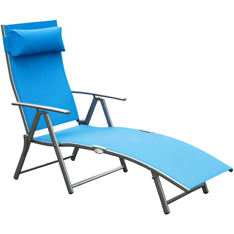 Transat chaise longue bain de soleil pliable dossier inclinable multi-positions têtière fournie 137L x 64l x 101H cm métal époxy textilène bleu