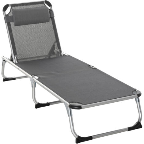 Outsunny Transat pliable inclinable avec appuie-tête, chaise longue en aluminium et textilène grise 165x60x76cm pour jardin, plage, piscine, terrasse, camping, relaxation
