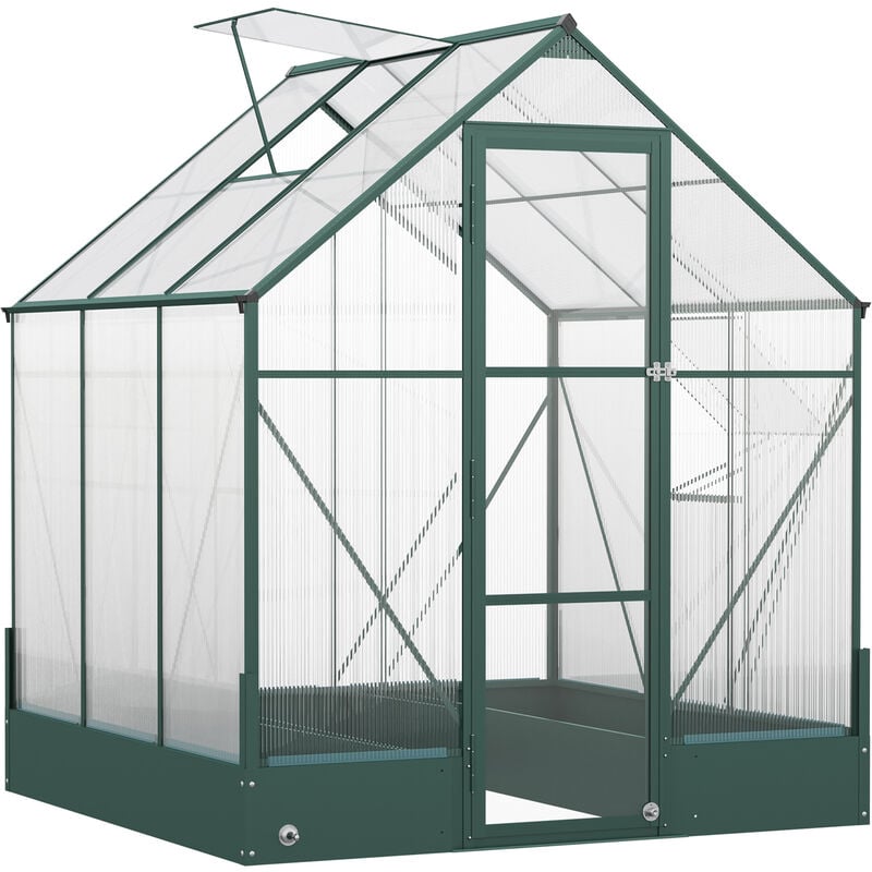Walk-in Greenhouse Outdoor Plant Garden, Aluminium Frame, Polycarbonate, Temperature Controlled Window, with Foundation, 6 x 6ft - Outsunny
