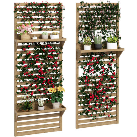 Outsunny Wall Mounted Plant Stands Set of 2 with Shelves and Slatted Trellis Natural