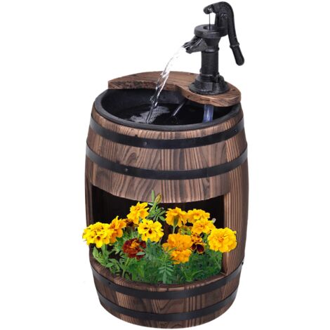 Outsunny Wood Barrel Pump Garden Fountain Water Feature Flower Planter Stand New