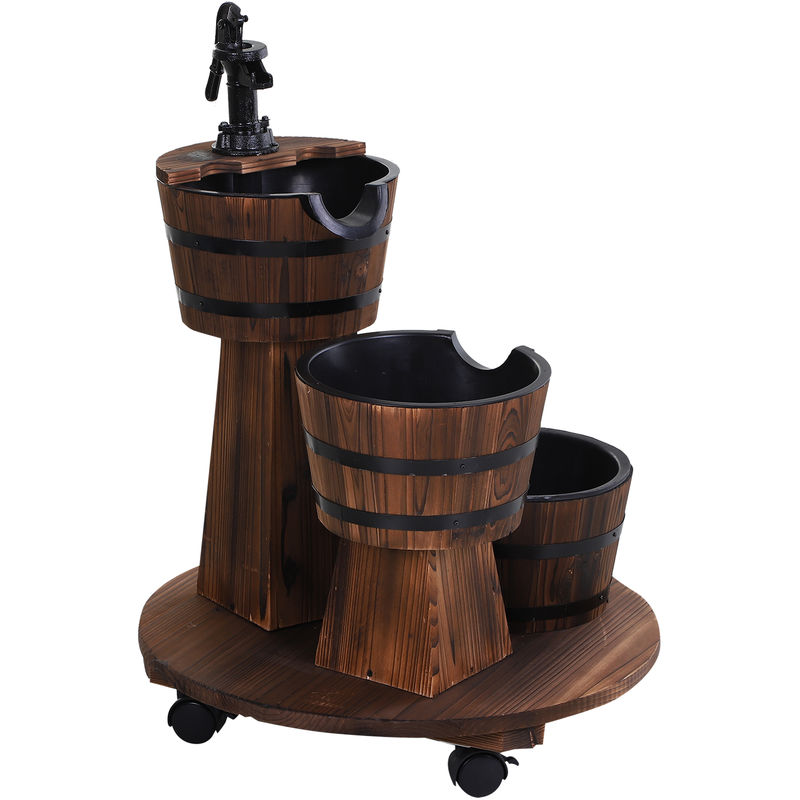 Patio Wooden Water Fountain 3 Barrels Set with Pump for garden - Carbonized Wood - Outsunny