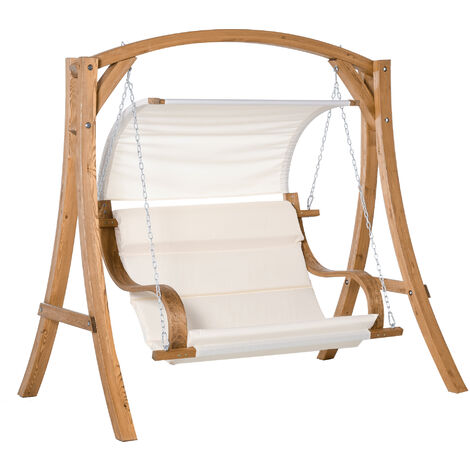 main image of "Outsunny Wooden A-Frame Garden Swing Chair Bench Chair w/ Canopy & Cushion"