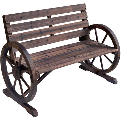 Outsunny Wooden Cart Wagon Wheel 2 Seater Garden Bench ...