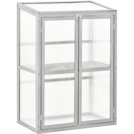 Outsunny Wooden Cold Frame Greenhouse Polycarbonate Garden Grow House for Flower Vegetable Plants with Adjustable Shelf, Double Doors, 76 x 47 x 110cm, Light Grey