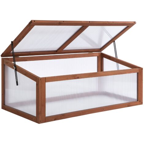 Outsunny Wooden Cold Frame, Small Polycarbonate Greenhouse for Plants with Openable & Tilted Top Cover, Brown, 100 x 65 x 40cm