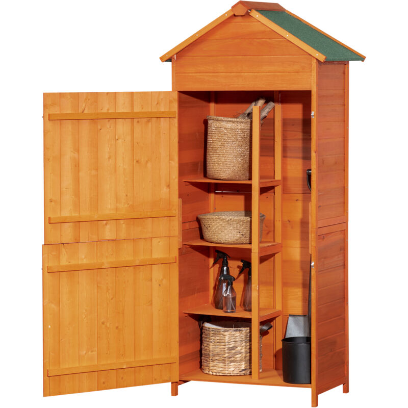 Wooden Garden Shed Outdoor Shelves Utility Tool Storage Cabinet Teak - Teak - Outsunny