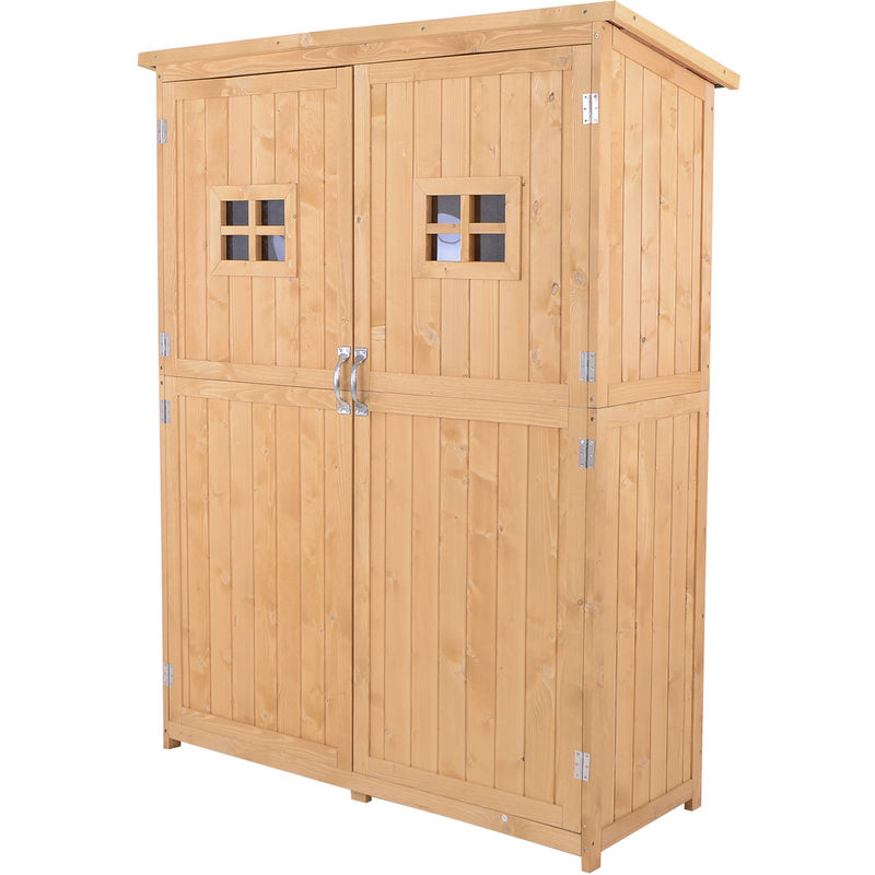Wooden Garden Shed Tool Storage Cabinet Double Door Shelf Nature Wood - Nature Wood - Outsunny
