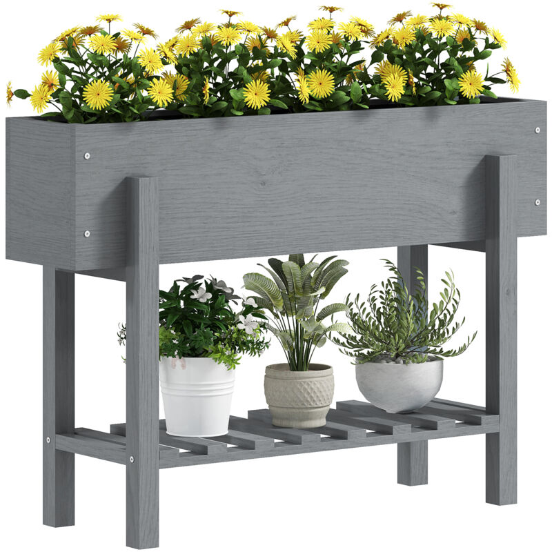 Outsunny - Wooden Raised Bed w/ Bed Liner, Storage Shelf, Grey