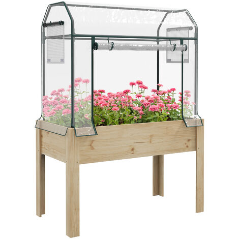 Outsunny Wooden Raised Planter, Garden Bed with Greenhouse Cover and Bed Liner