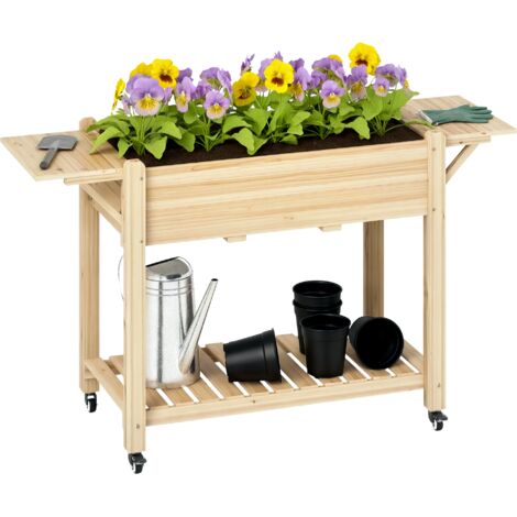 Outsunny Wooden Raised Planter with Lockable Wheels, Liner, Natural