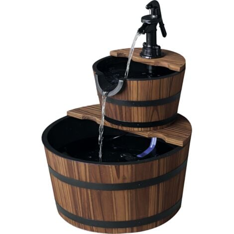 Outdoor 2 Tier Barrel Waterfall Fountain Barrel Wooden Water Fountain Pump Decor