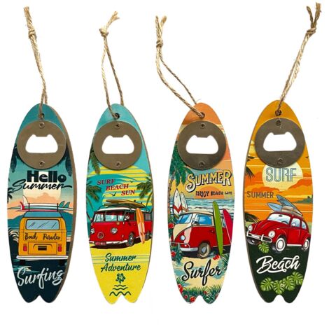 Ouvre-bouteille original en forme de planche de surf avec 4 designs uniques pour les fêtes et cadeaux amusants