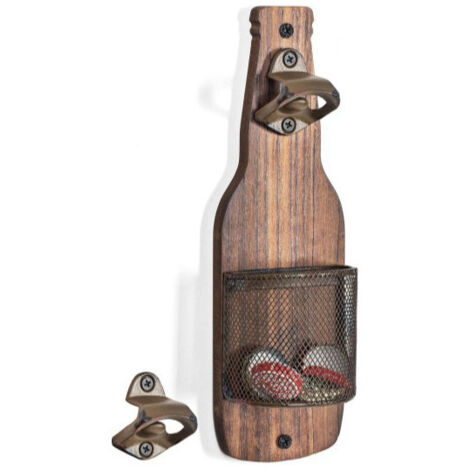 Ouvre-bouteilles mural en forme de bouteille avec récupérateur de capsules, accessoire vintage pour bar, cuisine ou cave à vin (bois brûlé)