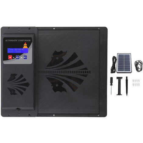 Ouvre-porte automatique de poulailler à énergie solaire USB avec minuterie affichage LED programmable 3 modes d'alimentation type ouvert horizontalement noir