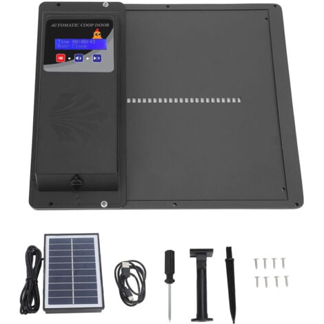 Ouvre-porte automatique de poulailler à énergie solaire USB avec minuterie affichage LED programmable 3 modes d'alimentation type ouvert horizontalement noir