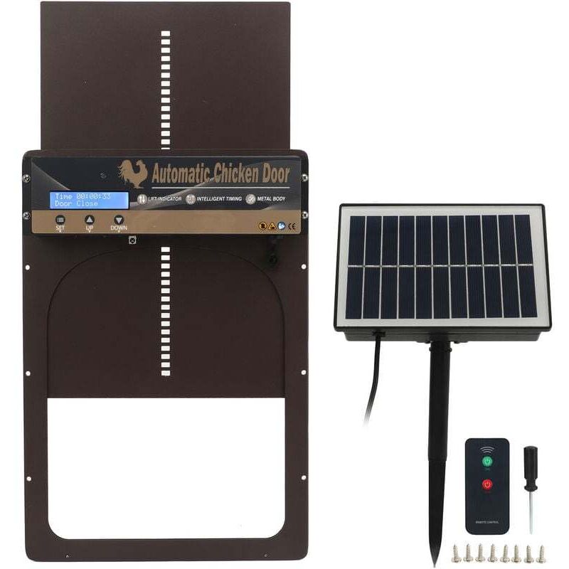 Jeffergarden Détection automatique de la lumière de porte de poulailler, télécommande solaire 3 en 1, synchronisation, pour ferme d'élevage, marron