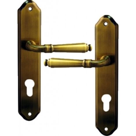 Ouvre&Déco – 2 poignées de porte d'entrée en zamak patiné doré sur plaque Clé I, CEVENNES