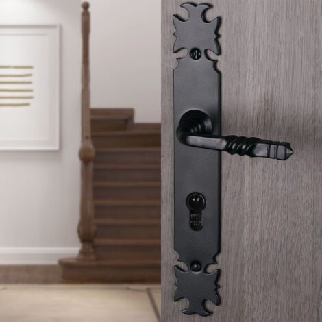 Ouvre&Déco - 2 poignées de porte LORRAINE cylindre, béquille double rehausse 1 côté, fer noir entraxe 195 mm