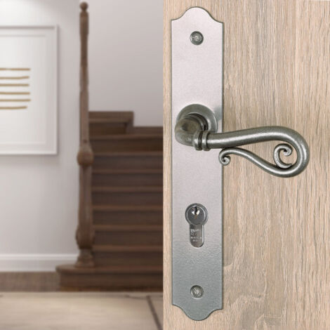 Ouvre&Déco – 2 poignées de porte NOBLE trou de cylindre, Plaque fine minimaliste, Fer patiné gris entraxe 195 mm