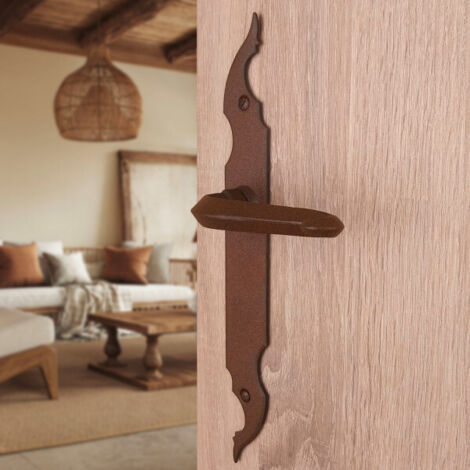 Ouvre&Deco – Lot de 2 poignées de porte CELTIQUE fer forgé finition rouille – Entraxe 195 mm – Bec de cane sans trou pour usage intérieur
