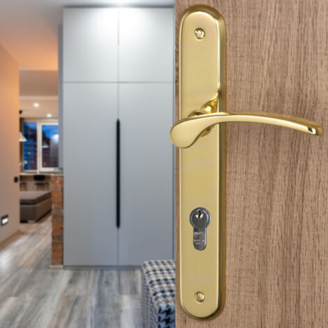 Ouvre&Deco – Lot de 2 poignées de porte EVA à cylindre – Laiton poli – Entraxe 195 mm – Pour serrures à relevage 3/5 points – Vernis haute résistance
