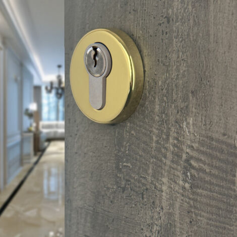 Ouvre&Deco – Paire de rosaces de porte extérieure à cylindre – Laiton poli – Diamètre 50mm – Vis bois fournies – Fonction clé I