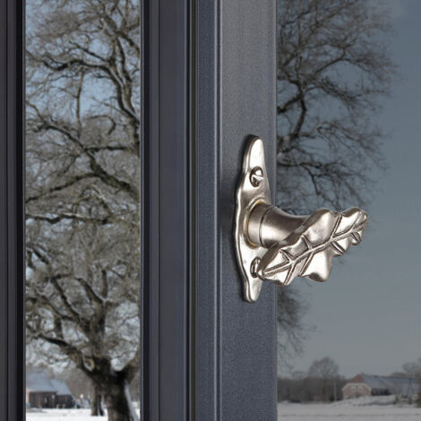 Ouvre&Deco – Poignée de fenêtre crémone aluminium vieil argent – Béquille en forme de feuille – Entraixes de fixation 43mm – Installation simplifiée