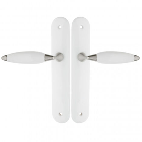 Ouvre&Deco – Poignées de porte ATHENA sans trou – 2 pièces en porcelaine blanche – Entraxe 195 mm – Finition zamak nickel mat