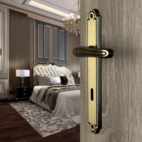 Ouvre&Deco – Poignées de porte VANESSA – Laiton patiné – Entraxe 195 mm – Fonction clé L pour chambres à coucher – Garniture complète sur plaque