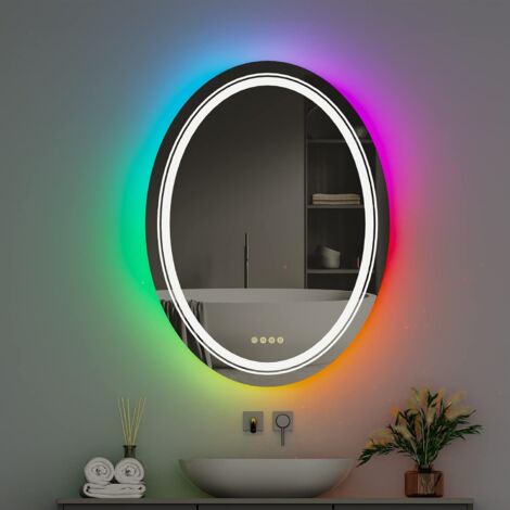 Oval Badspiegel mit RGB LED Beleuchtung 60x80 cm, Badezimmerspiegel mit 8 Hintergrundbeleuchtung und 3 Frontbeleuchtung, 4 Touchschalter, Spiegelheizung Bad Spiegel, Dimmbar Wandspiegel für Bad Party