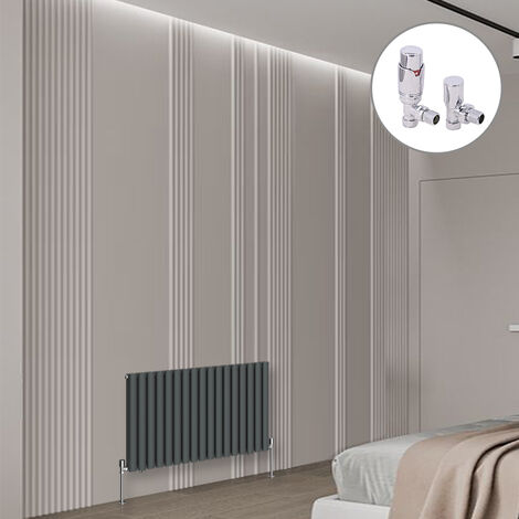 Oval Column Designer Radiator Anthracite + Chrome Angled TRV Thermostatic Radiator Valves Horizontal 600x1003mm Double Panel