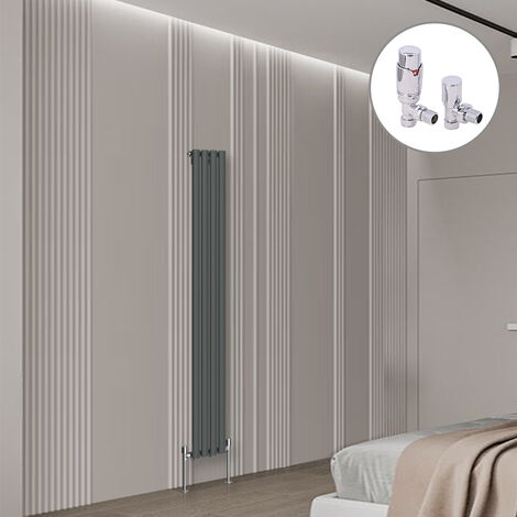 Oval Column Designer Radiator Anthracite + Chrome Angled TRV Thermostatic Radiator Valves Vertical 1800x236mm Single Panel