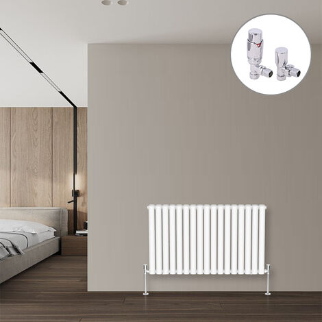 Oval Column Designer Radiator White + Chrome Angled TRV Thermostatic Radiator Valves Horizontal 600x1003mm Double Panel