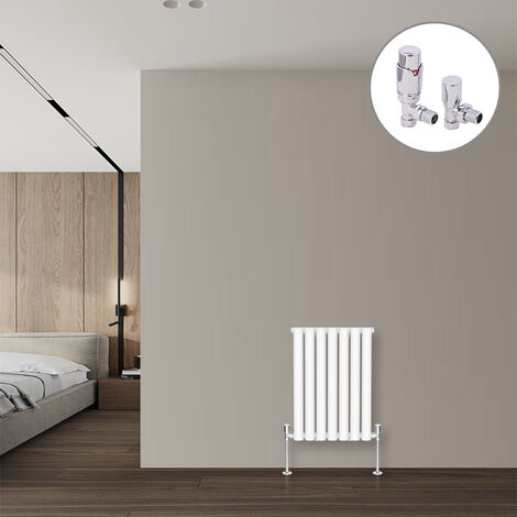 Oval Column Designer Radiator White + Chrome Angled TRV Thermostatic Radiator Valves Horizontal 600x413mm Single Panel
