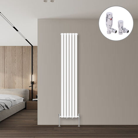 Oval Column Designer Radiator White + Chrome Angled TRV Thermostatic Radiator Valves Vertical 1800x354mm Double Panel