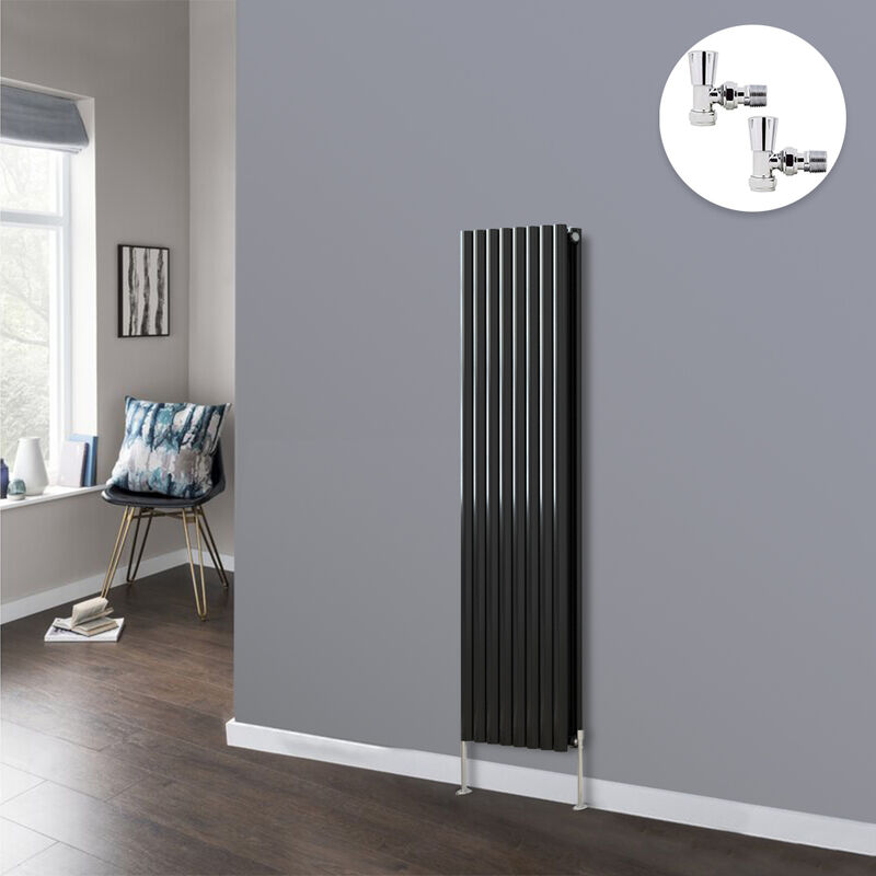 Oval Column Radiator Designer Panel Radiators Bathroom Central Heating Black with Angled Manual Pair of Valves 1600x472mm Vertical Double