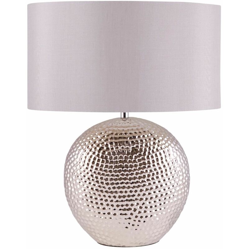 Dimpled Textured Oval Chrome Plated Ceramic Bedside Table Light Base with Grey Faux Silk Oval Fabric Shade