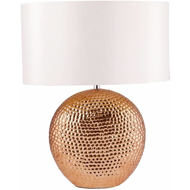 Dimpled Textured Oval Copper Plated Ceramic Bedside Table Light Base with White Faux Silk Oval Fabric Shade